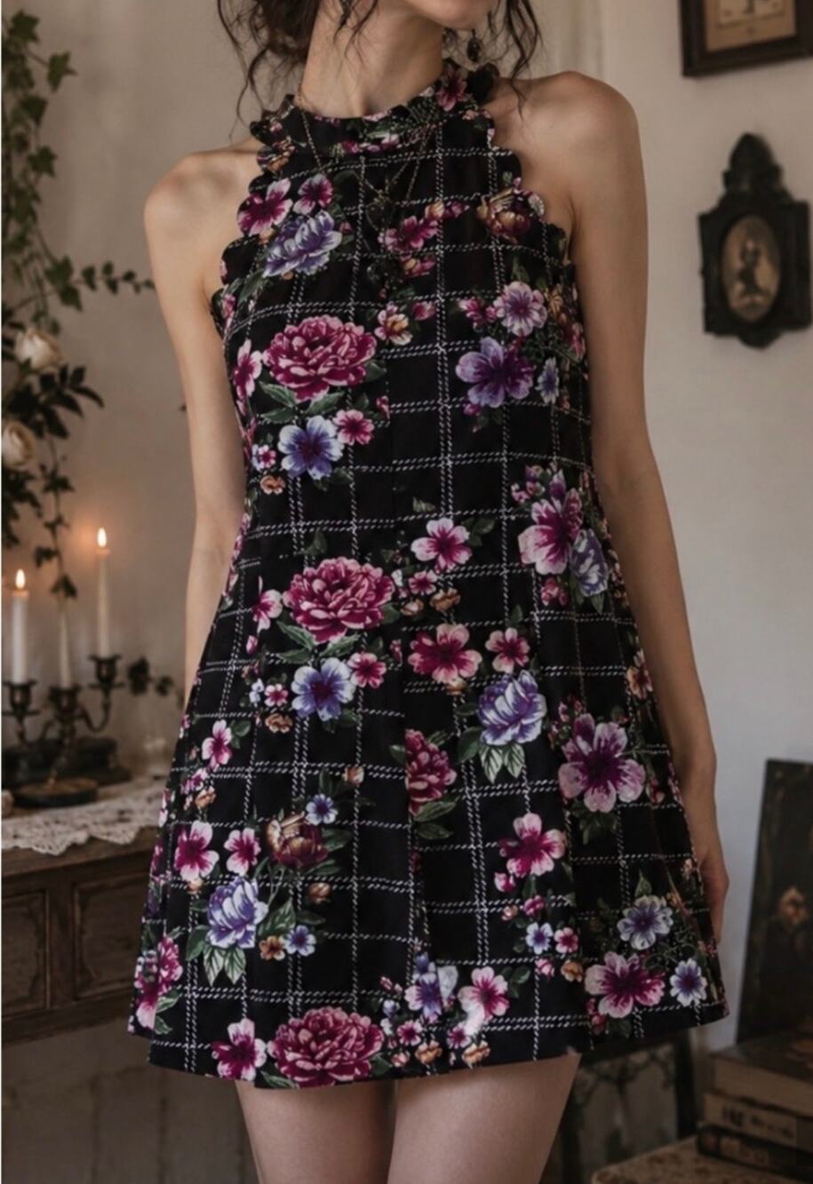New vintage A. Byer Floral Scallop Halter Shift Mini Dress Y2K Whimsigoth emo M